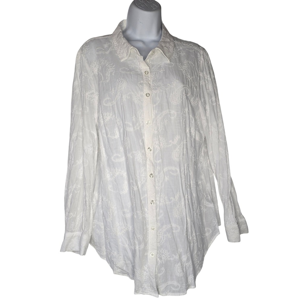 Torrid Embroidered Paisley Button Down Women 2 White Cotton Boho Coastal Summer